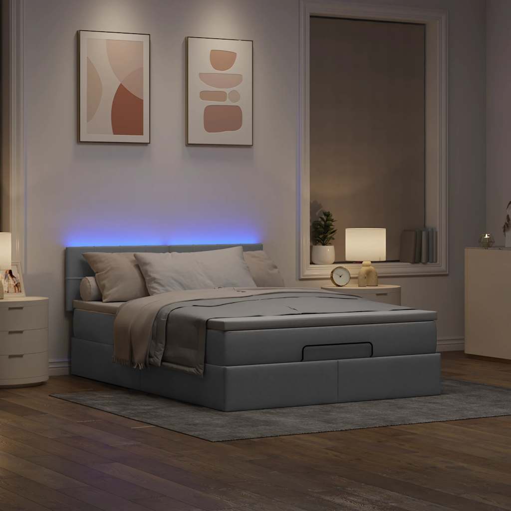 Ottoman-Bett mit Matratze & LEDs Hellgrau 140x200 cm Stoff