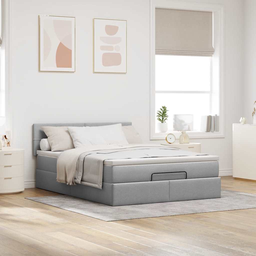 Ottoman-Bett mit Matratze & LEDs Hellgrau 140x200 cm Stoff