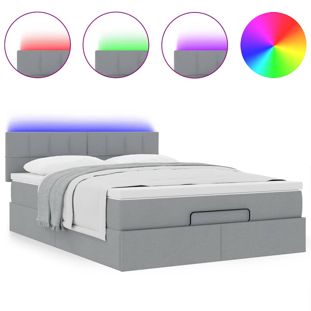 Ottoman-Bett mit Matratze & LEDs Hellgrau 140x200 cm Stoff