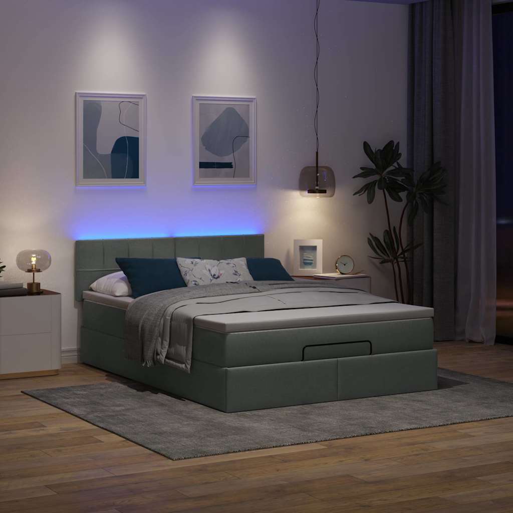 Ottomane Bett mit Matratze & LEDs Dunkelgrau 140x200 cm Stoff