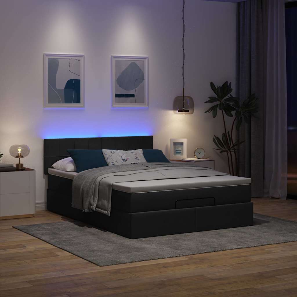 Ottomane Bett mit Matratze & LEDs Schwarz 140x200 cm Stoff