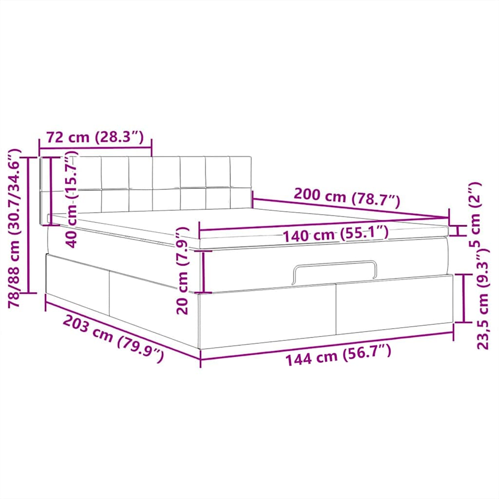 Ottomane Bett mit Matratze & LEDs Schwarz 140x200 cm Stoff
