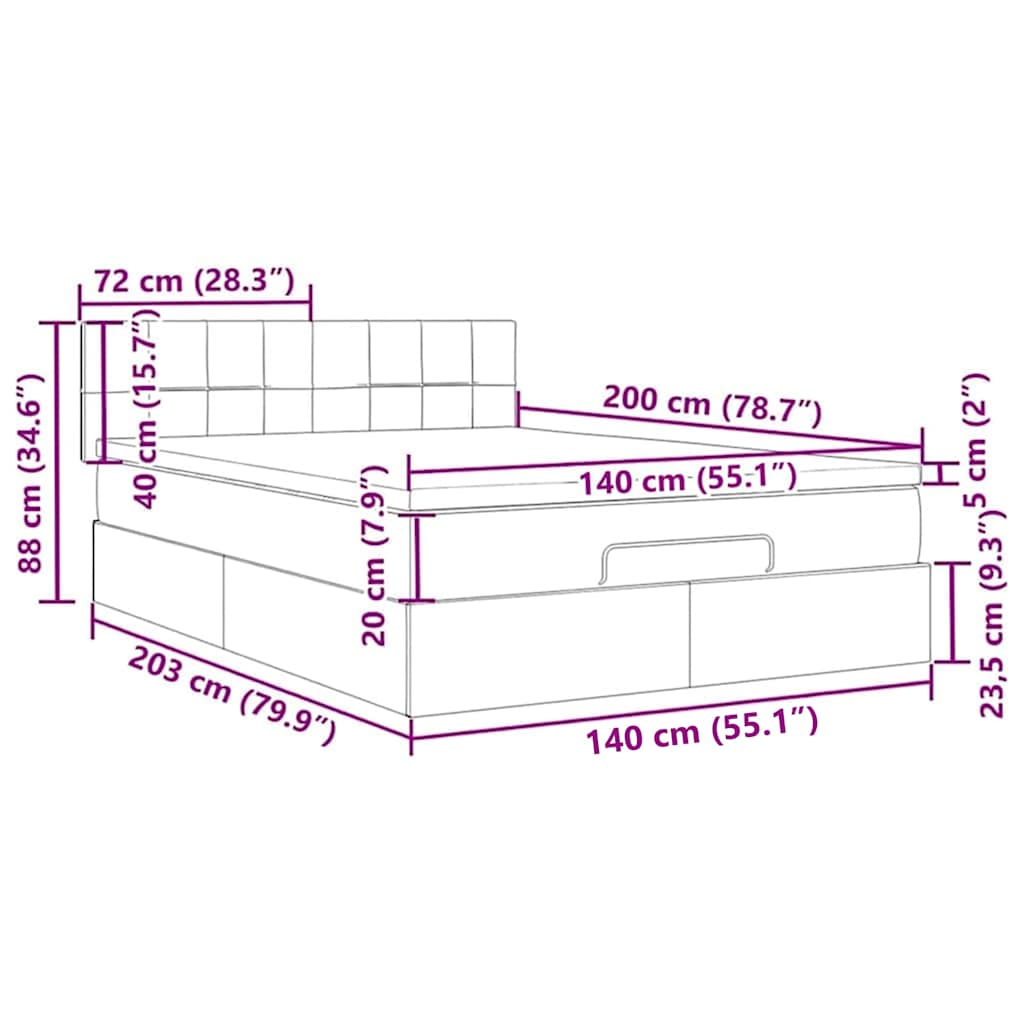 Ottomane Bett mit Matratze & LEDs Creme 140x200 cm Stoff