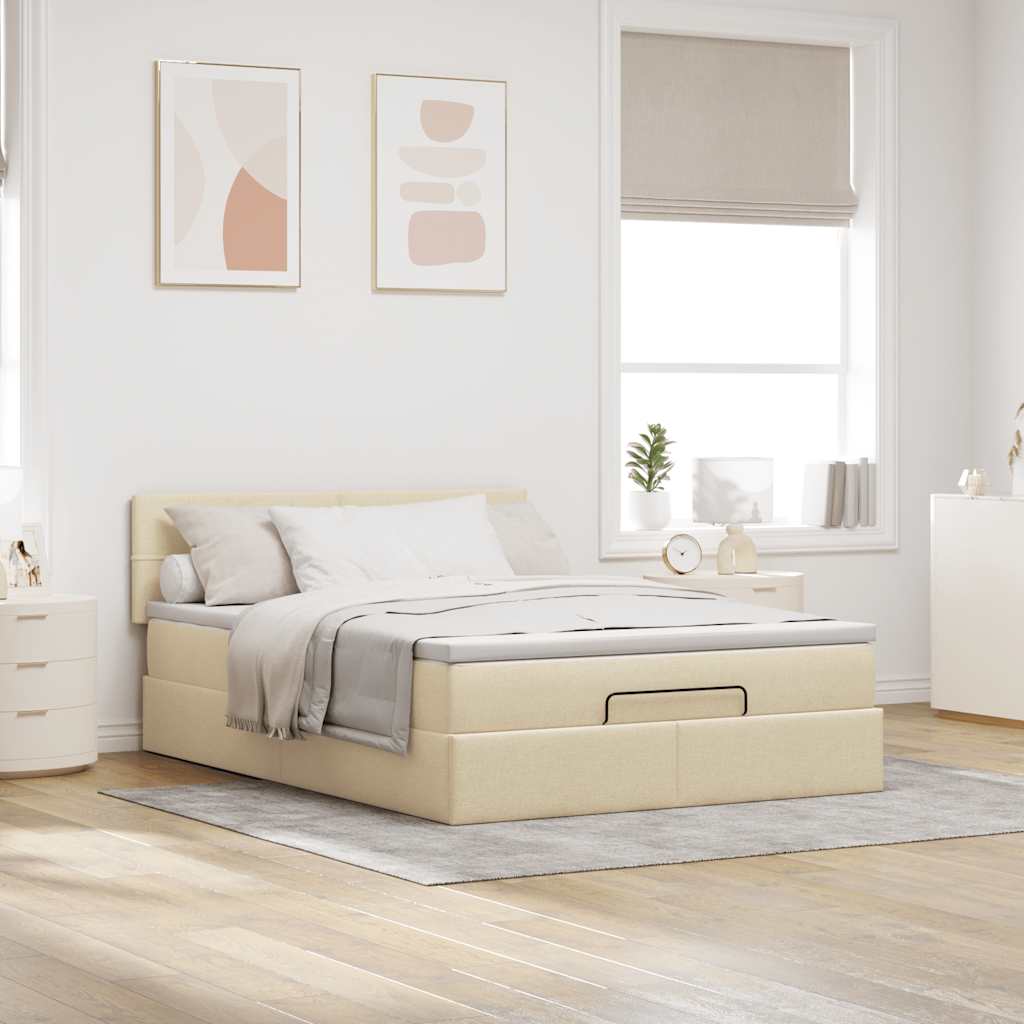 Ottomane Bett mit Matratze & LEDs Creme 140x200 cm Stoff