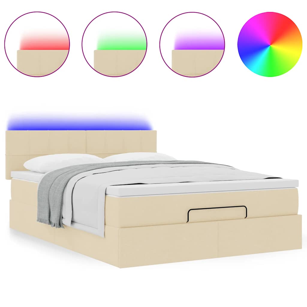 Ottomane Bett mit Matratze & LEDs Creme 140x200 cm Stoff