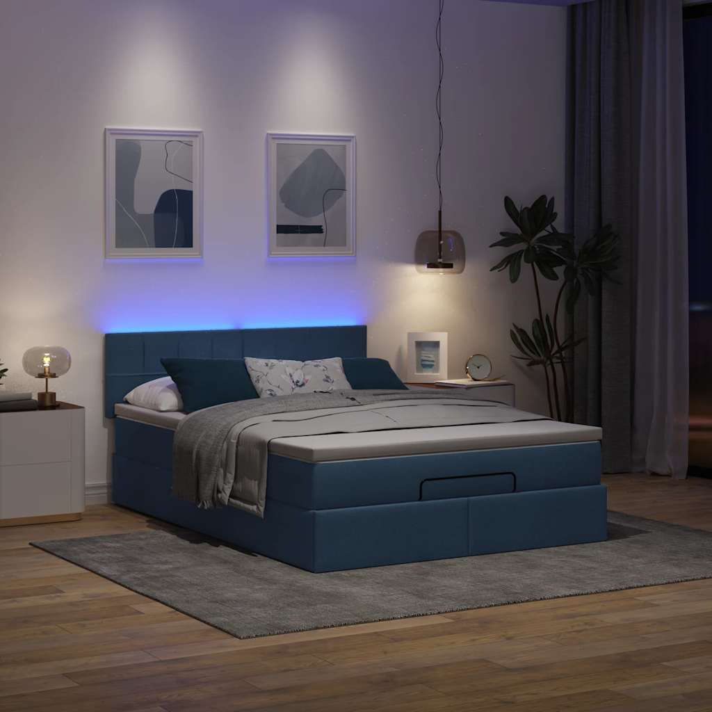 Ottoman-Bett mit Matratze & LEDs Blau 140x200 cm Stoff