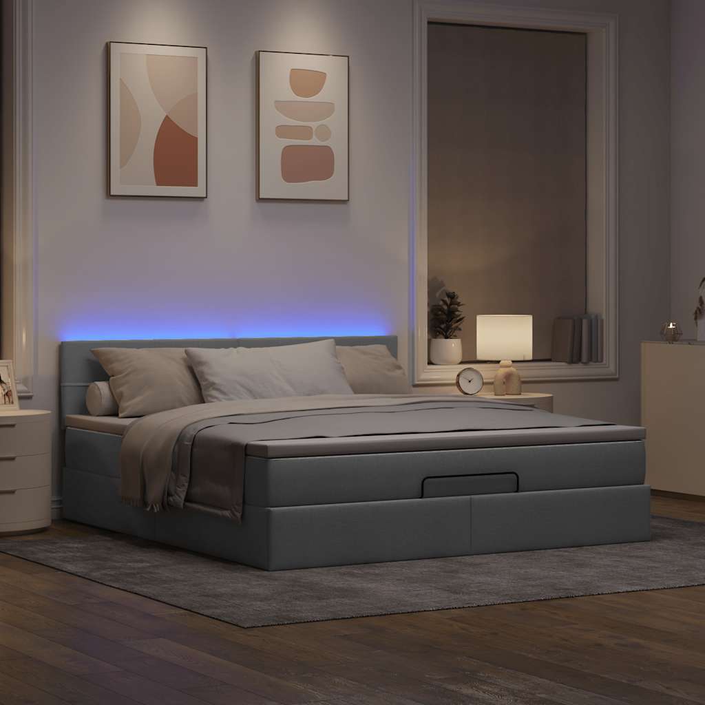 Lit ottoman avec matelas et LED tissu gris clair 180x200 cm