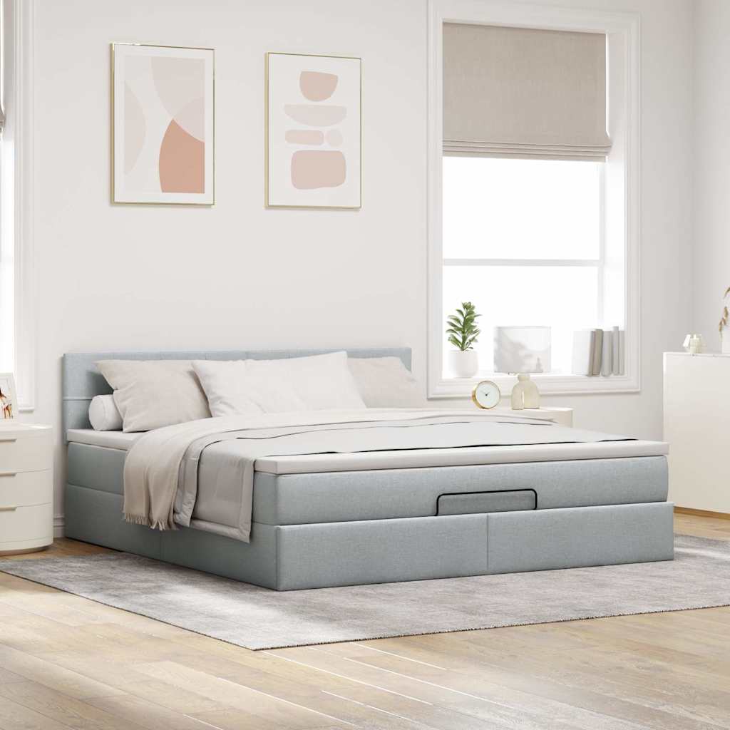 Lit ottoman avec matelas et LED tissu gris clair 180x200 cm