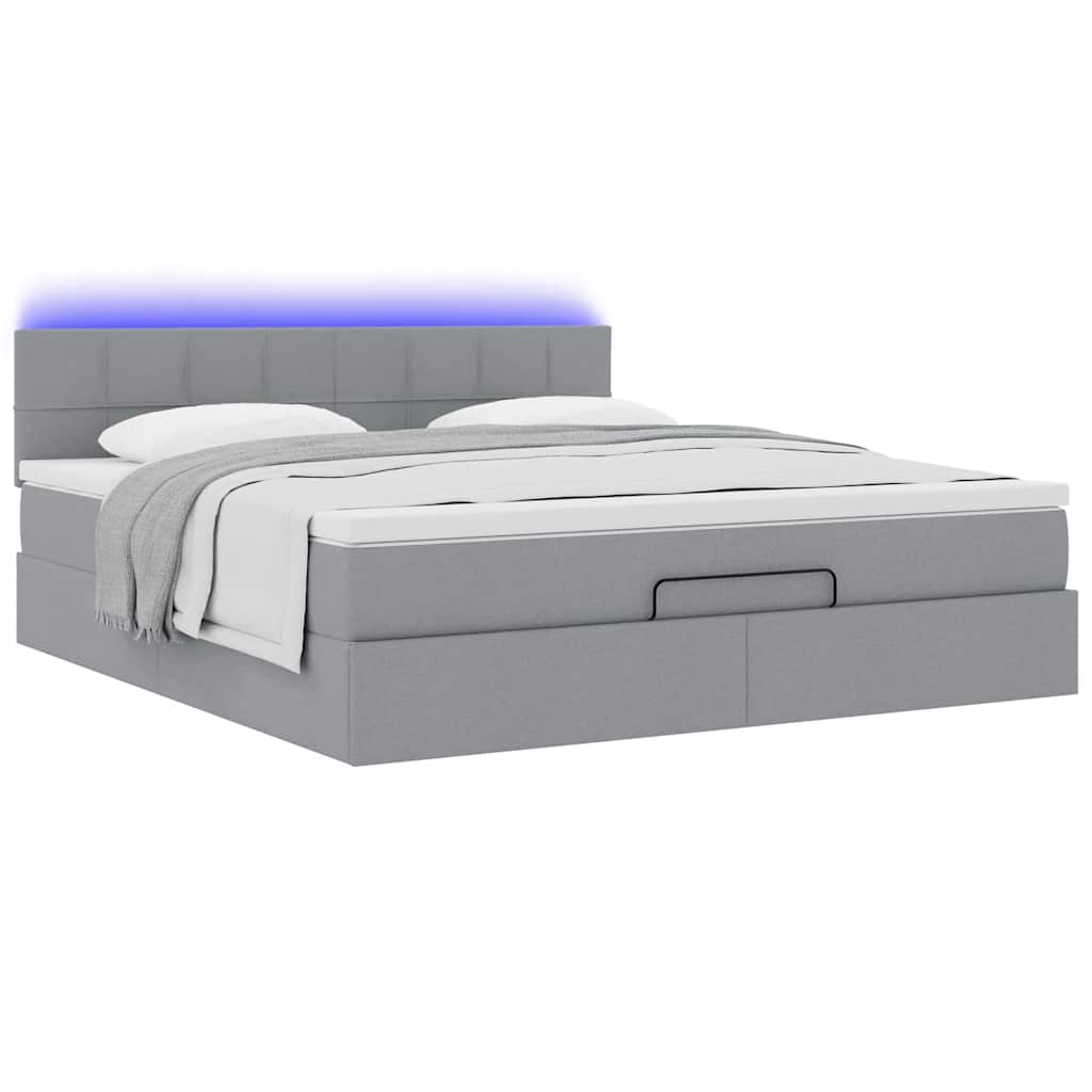 Lit ottoman avec matelas et LED tissu gris clair 180x200 cm