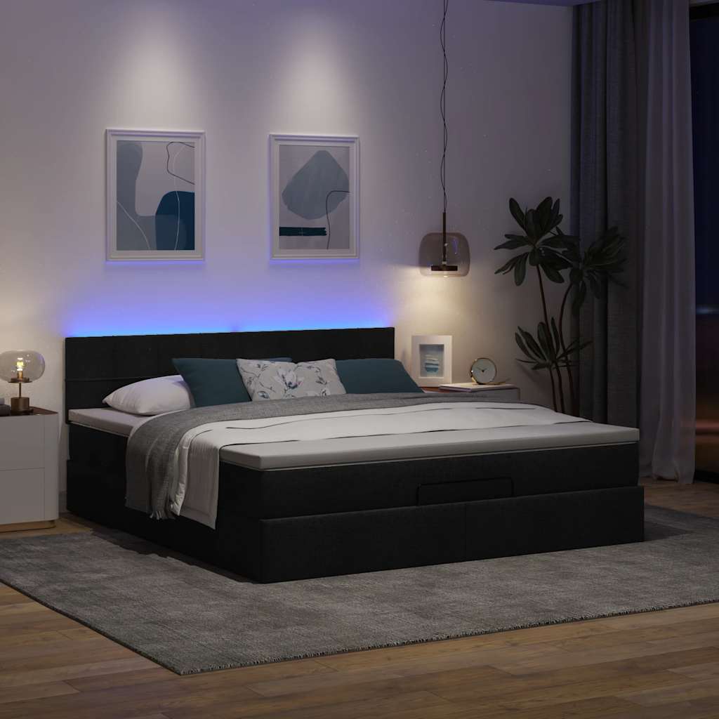 Ottomane Bett mit Matratze & LEDs Schwarz 180x200 cm Stoff