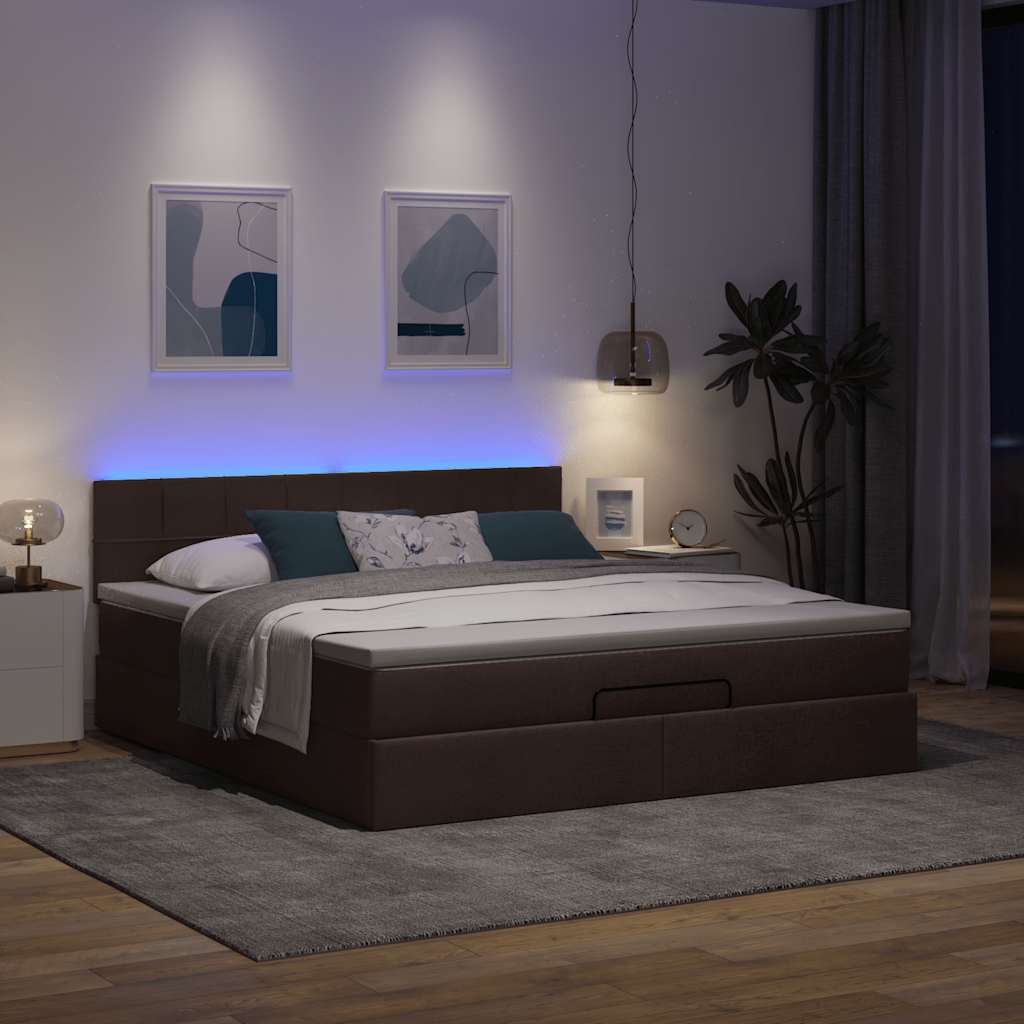 Lit ottoman avec matelas et LED marron foncé 180x200 cm tissu