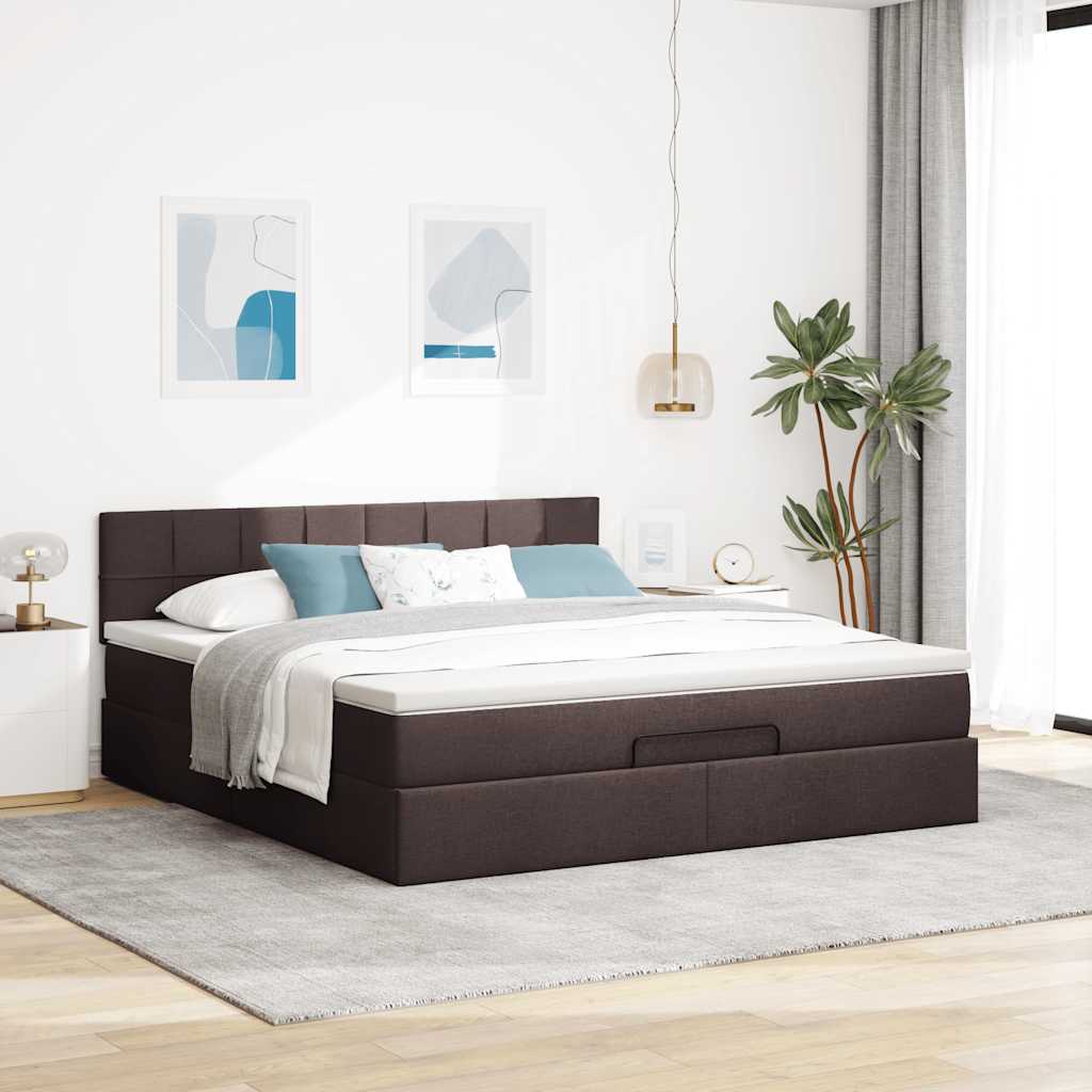 Lit ottoman avec matelas et LED marron foncé 180x200 cm tissu