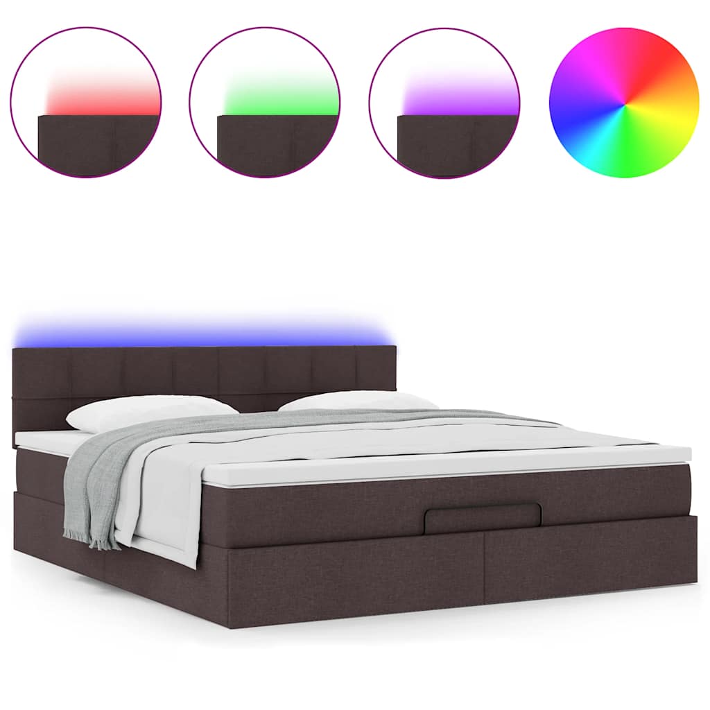 Lit ottoman avec matelas et LED marron foncé 180x200 cm tissu