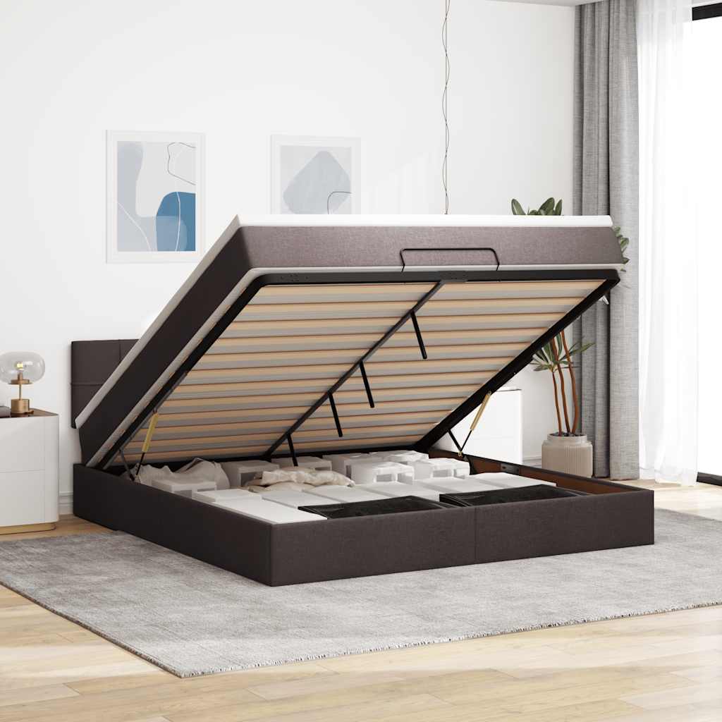 Lit ottoman avec matelas et LED marron foncé 180x200 cm tissu