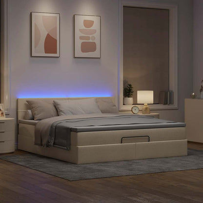Ottomane Bett mit Matratze & LEDs Creme 180x200 cm Stoff