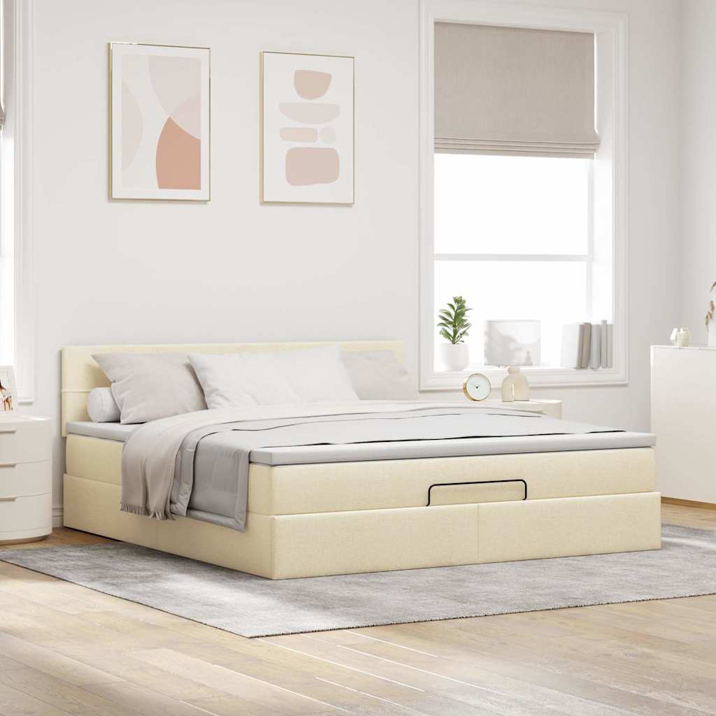 Ottomane Bett mit Matratze & LEDs Creme 180x200 cm Stoff