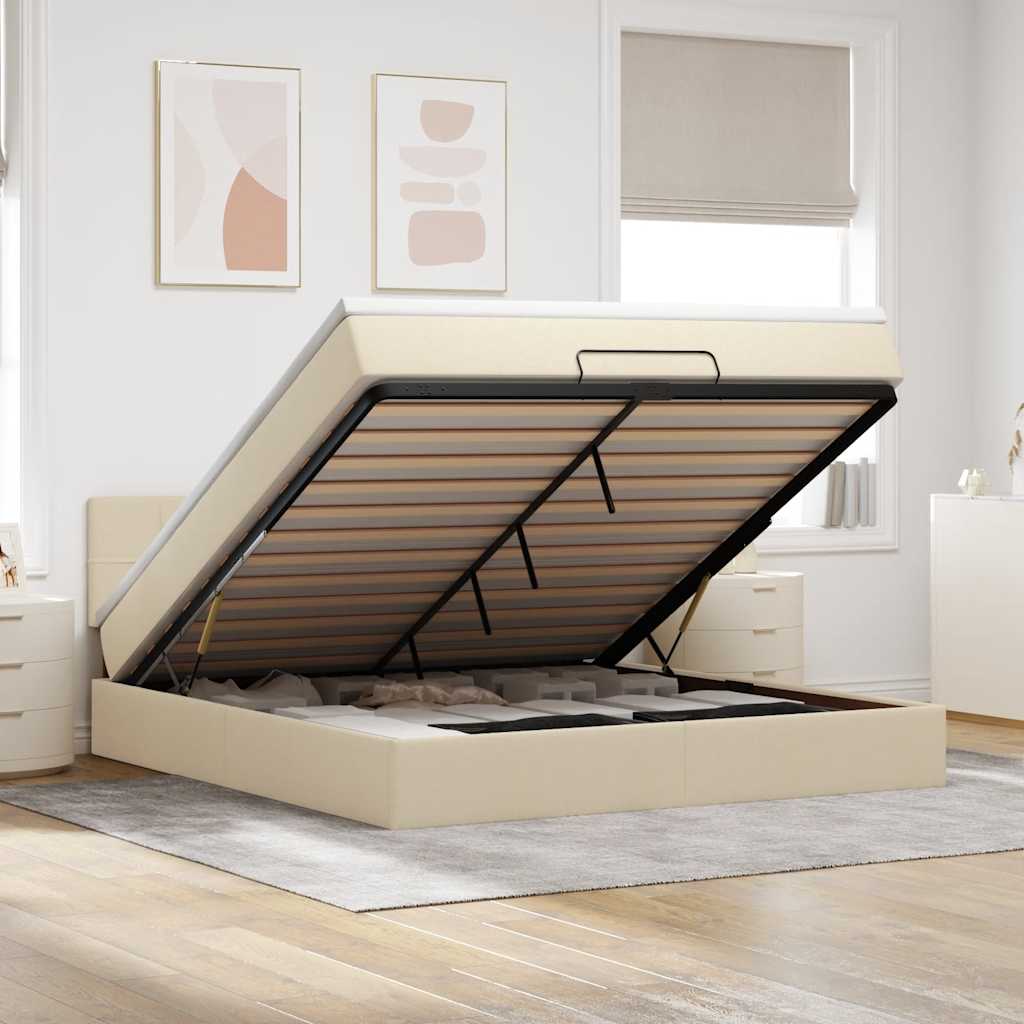 Ottomane Bett mit Matratze & LEDs Creme 180x200 cm Stoff