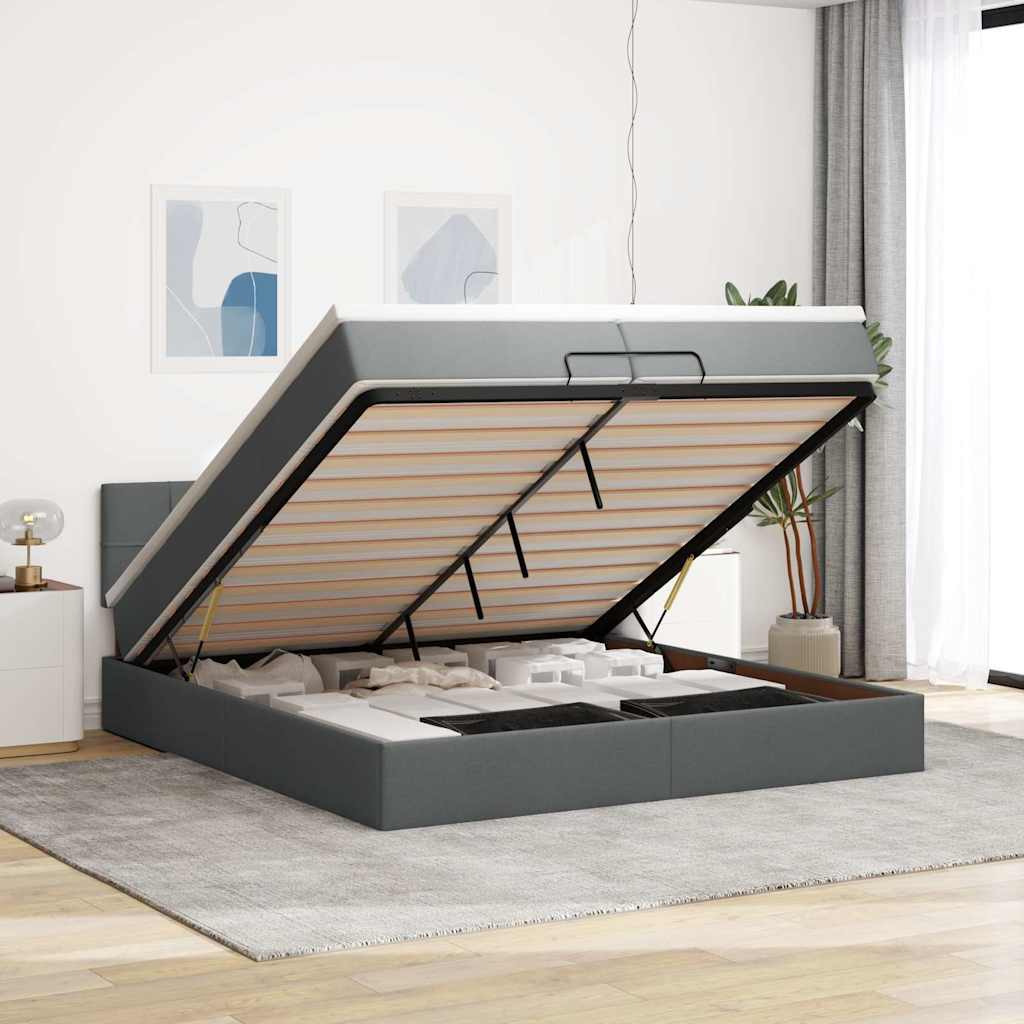 Ottoman-Bett mit Matratzen & LEDs Dunkelgrau 200x200 cm Stoff