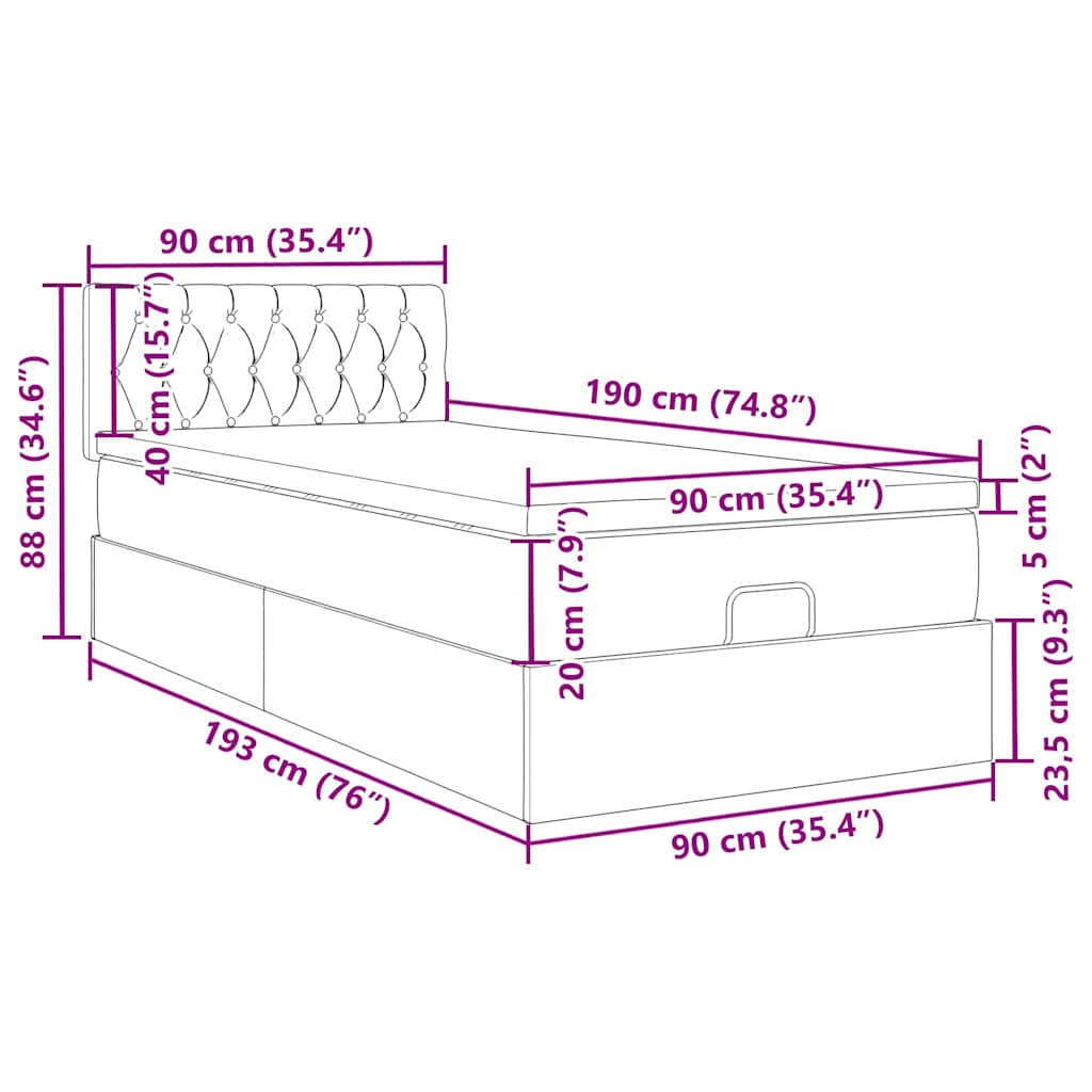 Ottoman-Bett mit Matratze & LEDs Hellgrau 90x190 cm Stoff