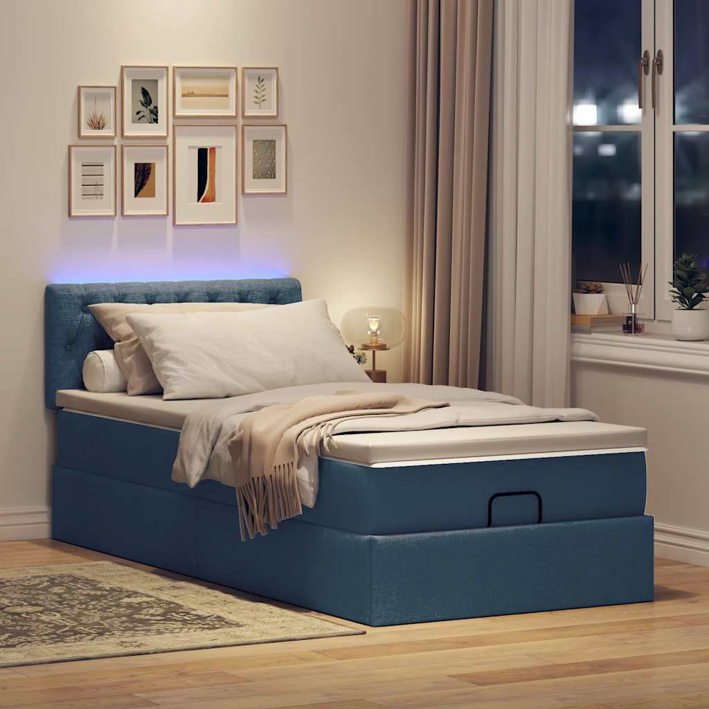 Ottoman-Bett mit Matratze & LEDs Blau 90x190 cm Stoff