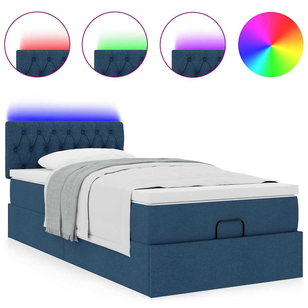 Ottoman-Bett mit Matratze & LEDs Blau 90x190 cm Stoff