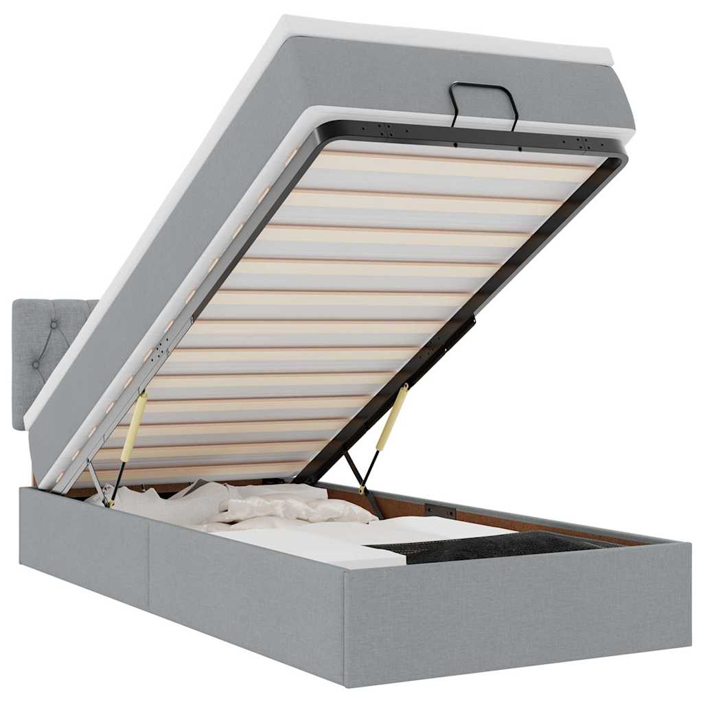 Ottomane Bett mit Matratze & LEDs Hellgrau 90x200 cm Stoff