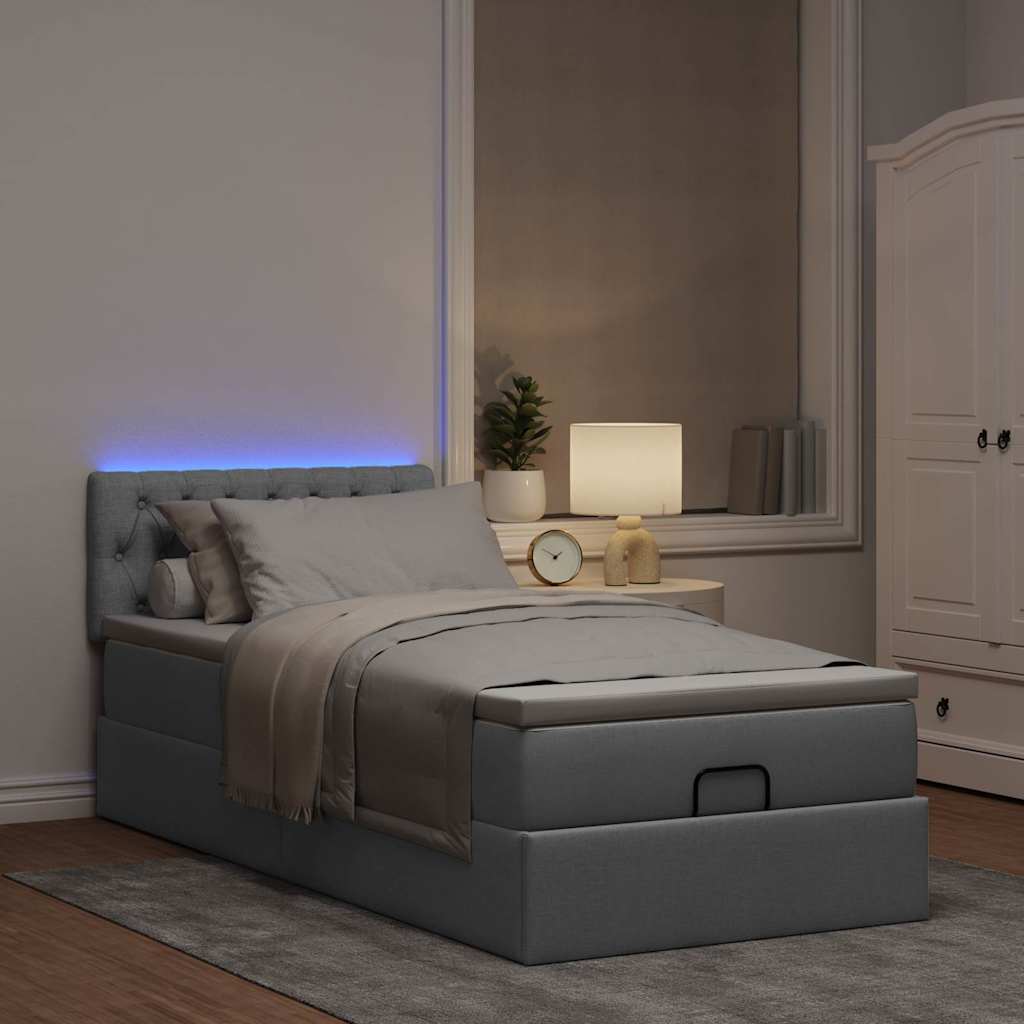 Ottomane Bett mit Matratze & LEDs Hellgrau 90x200 cm Stoff