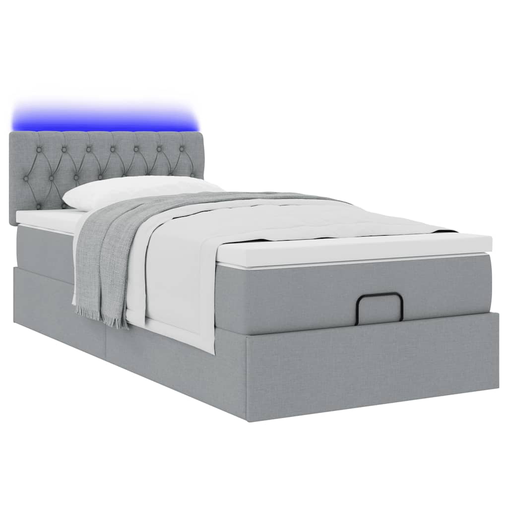 Ottomane Bett mit Matratze & LEDs Hellgrau 90x200 cm Stoff