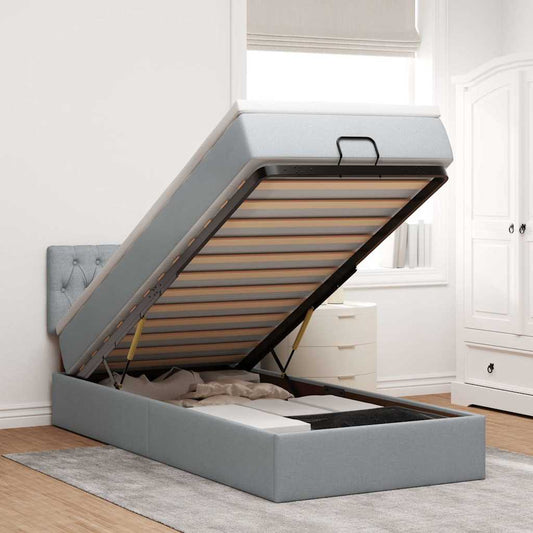Ottomane Bett mit Matratze & LEDs Hellgrau 90x200 cm Stoff