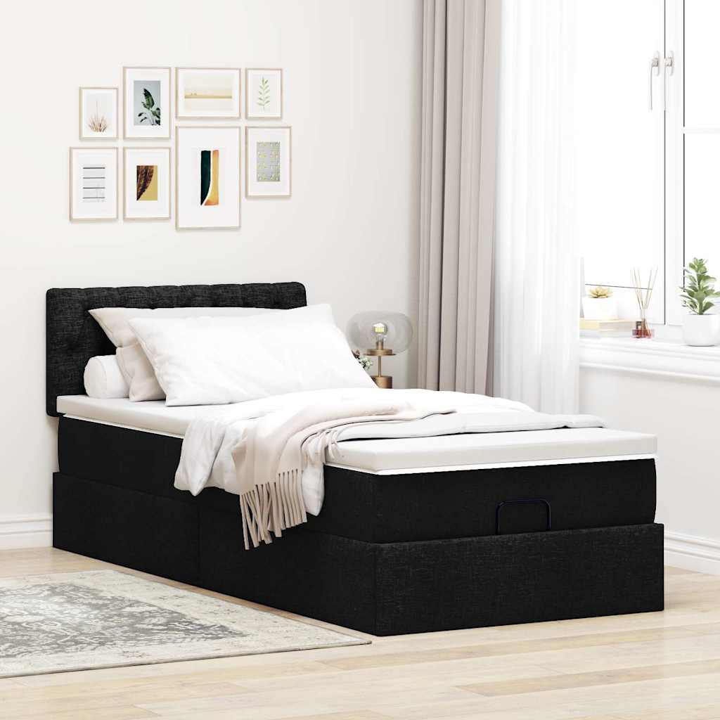 Ottoman-Bett mit Matratze & LEDs Schwarz 90x200 cm Stoff
