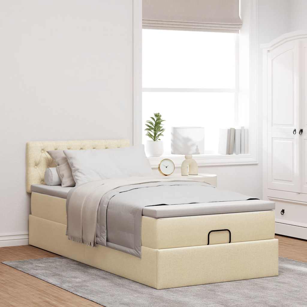 Ottomane Bett mit Matratze & LEDs Creme 90x200 cm Stoff