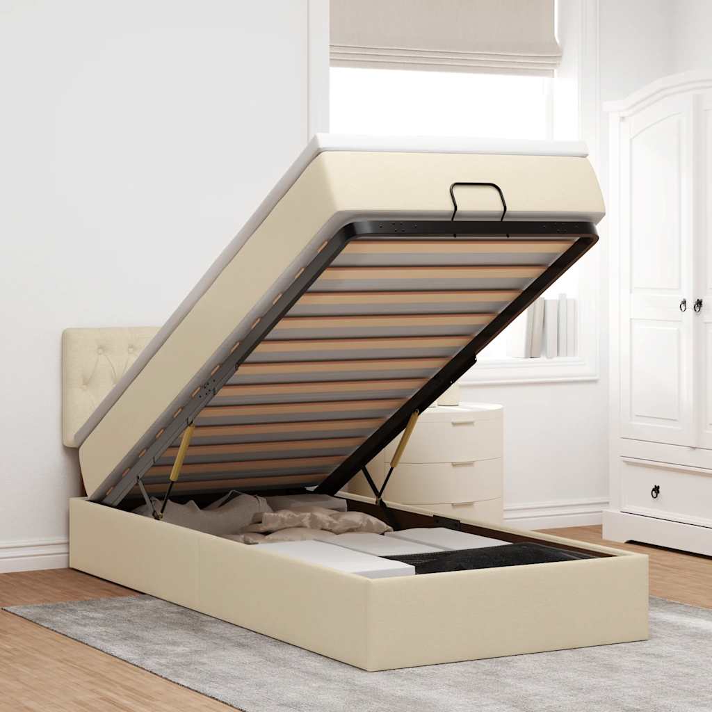 Ottomane Bett mit Matratze & LEDs Creme 90x200 cm Stoff