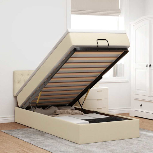 Ottomane Bett mit Matratze & LEDs Creme 90x200 cm Stoff