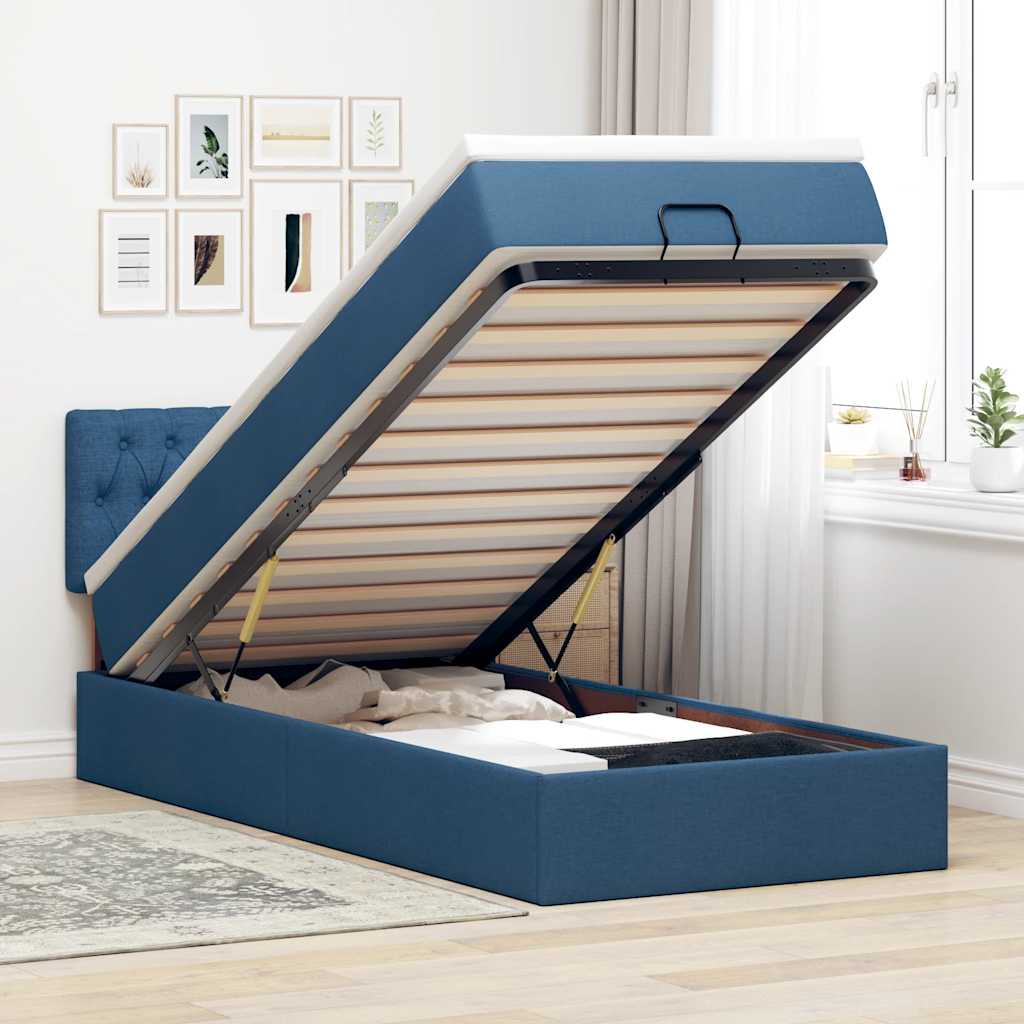 Ottomane Bett mit Matratze & LEDs Blau 90x200 cm Stoff