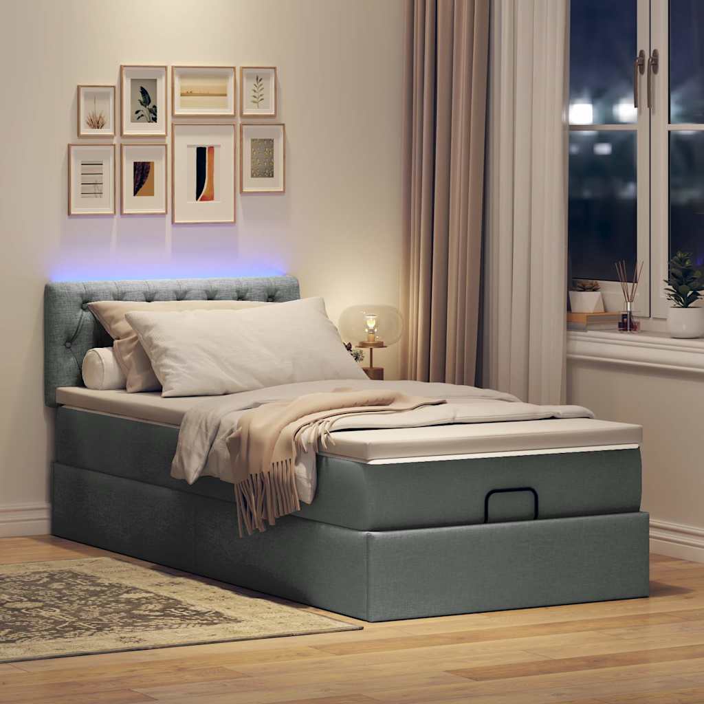 Lit ottoman avec matelas et LED tissu gris foncé 100x200 cm