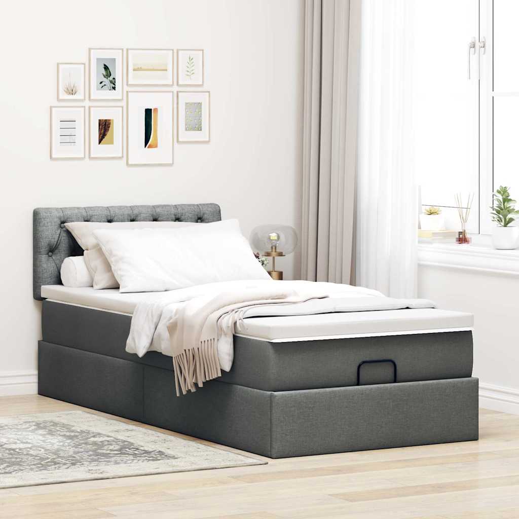 Lit ottoman avec matelas et LED tissu gris foncé 100x200 cm