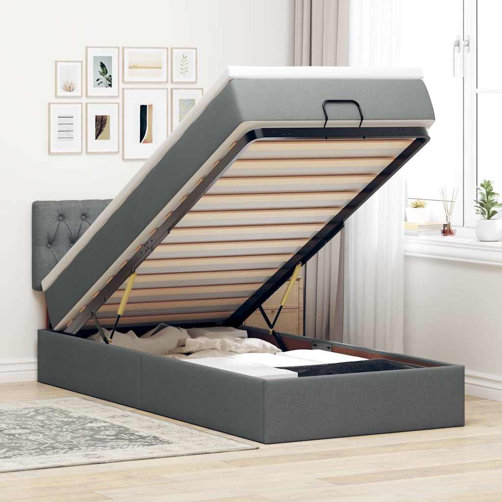 Ottoman-Bett mit Matratze & LEDs Dunkelgrau 100x200 cm Stoff