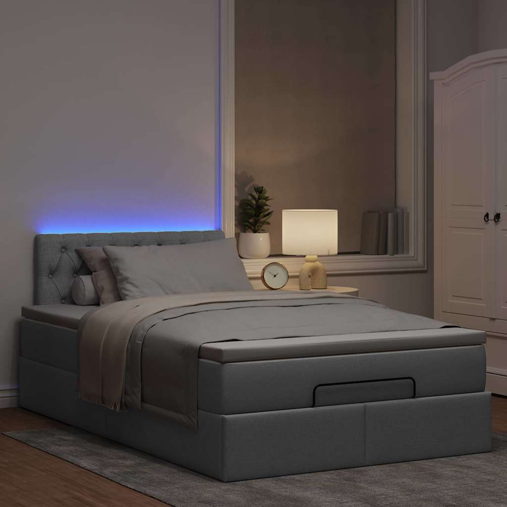 Ottoman-Bett mit Matratze & LEDs Hellgrau 120x190 cm Stoff