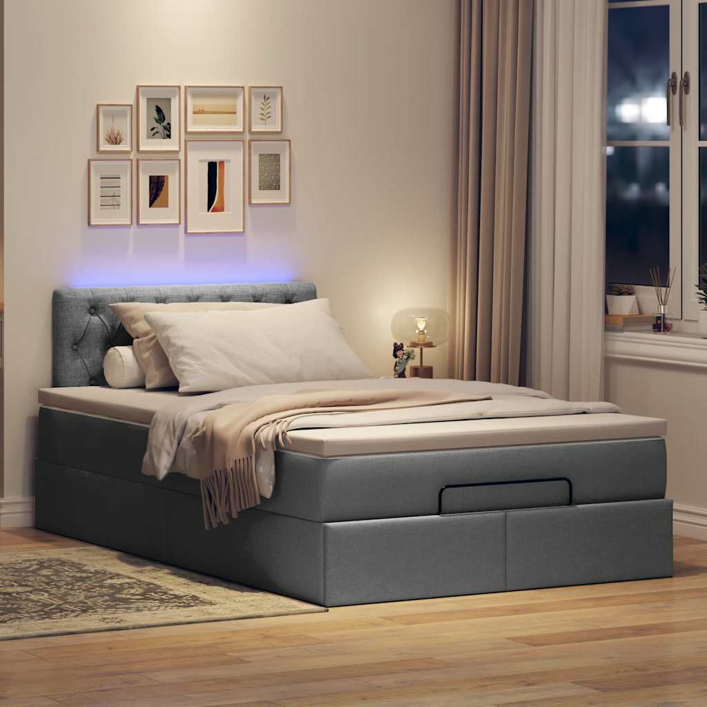 Ottomane Bett mit Matratze & LEDs Dunkelgrau 120x190 cm Stoff