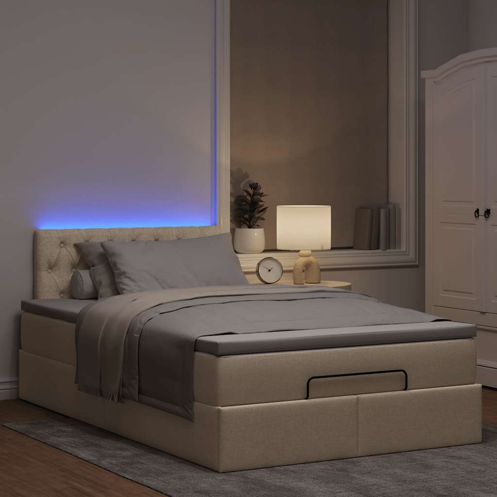 Ottomane Bett mit Matratze & LEDs Creme 120x190 cm Stoff