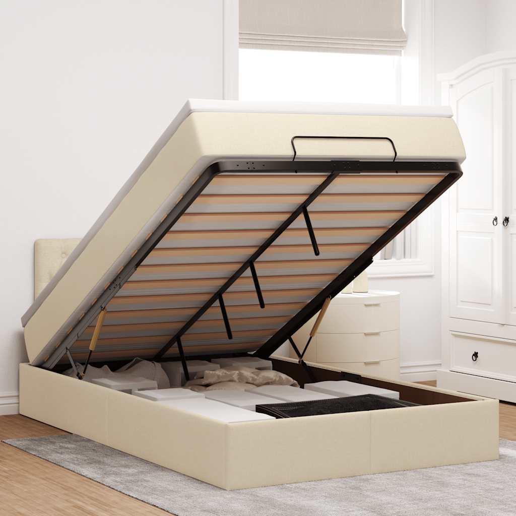 Ottomane Bett mit Matratze & LEDs Creme 120x190 cm Stoff