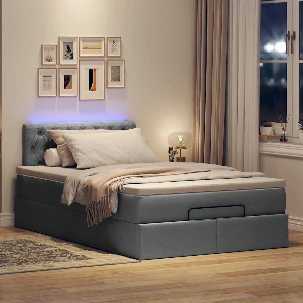 Ottomane Bett mit Matratze & LEDs Dunkelgrau 120x200 cm Stoff