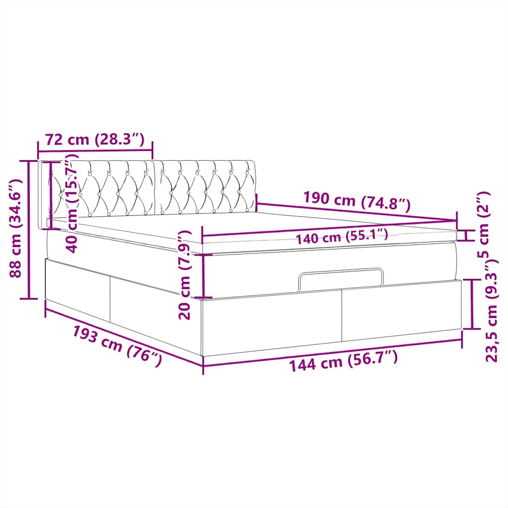 Ottomane Bett mit Matratze & LEDs Hellgrau 140x190 cm Stoff