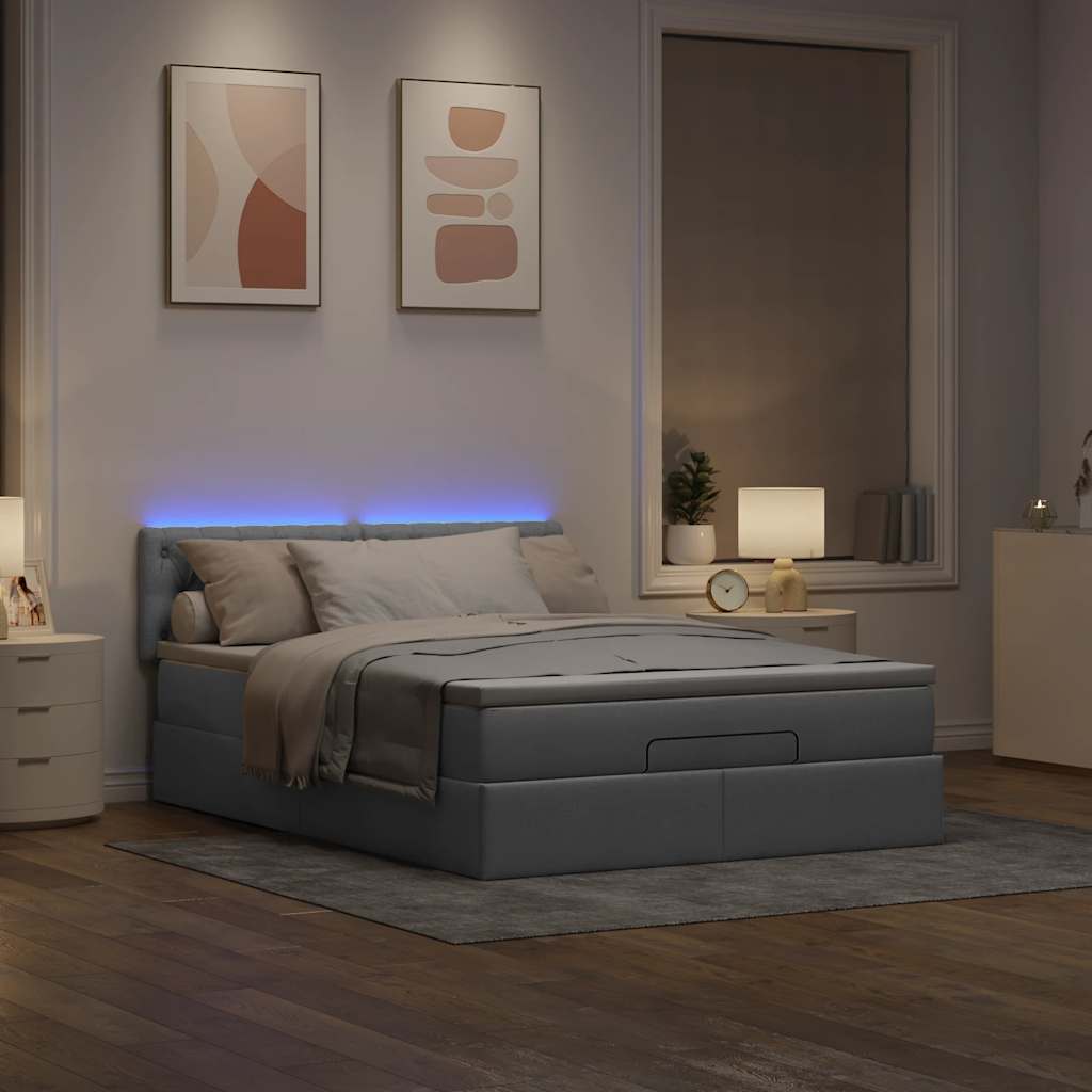 Ottomane Bett mit Matratze & LEDs Hellgrau 140x190 cm Stoff
