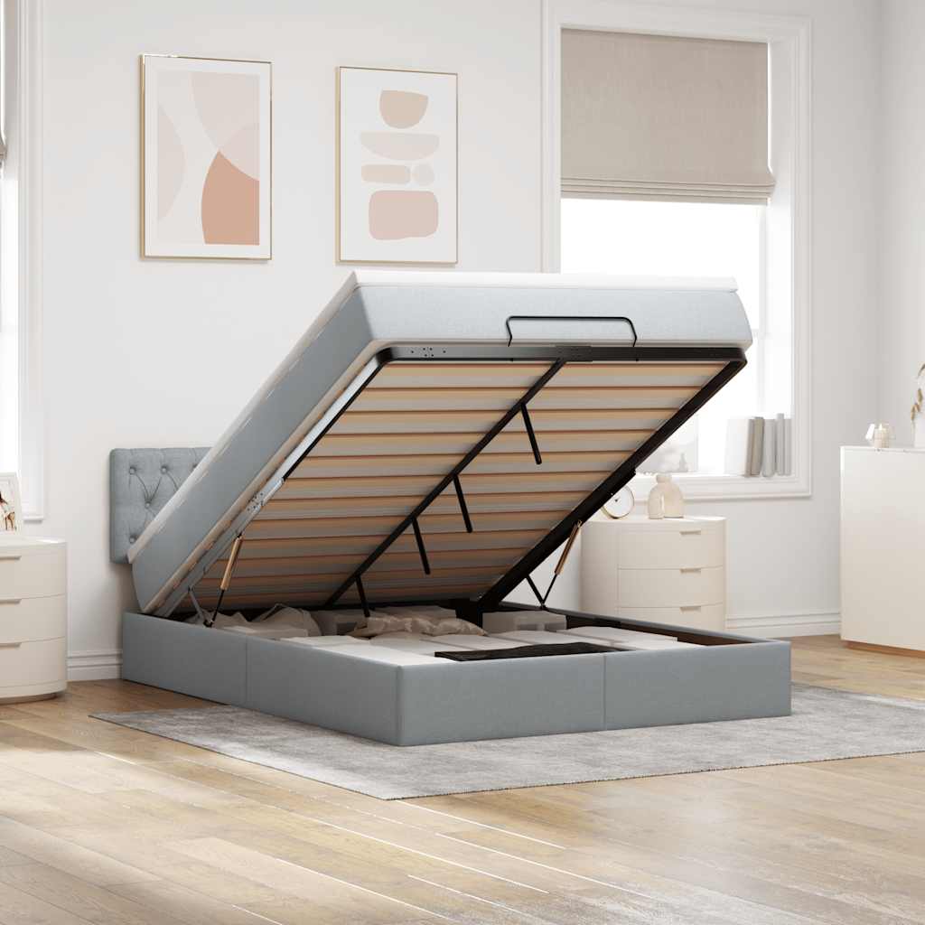 Ottomane Bett mit Matratze & LEDs Hellgrau 140x190 cm Stoff