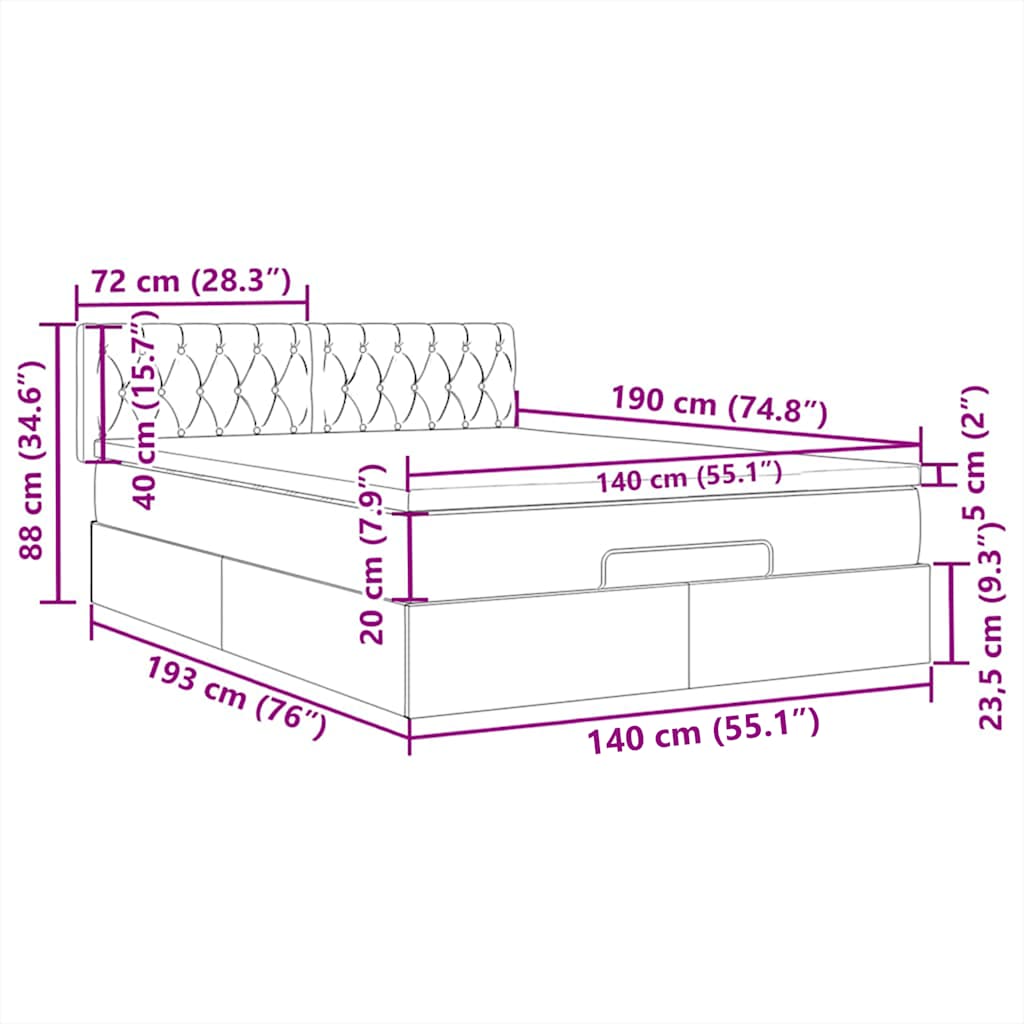 Ottomane Bett mit Matratze & LEDs Dunkelgrau 140x190 cm Stoff
