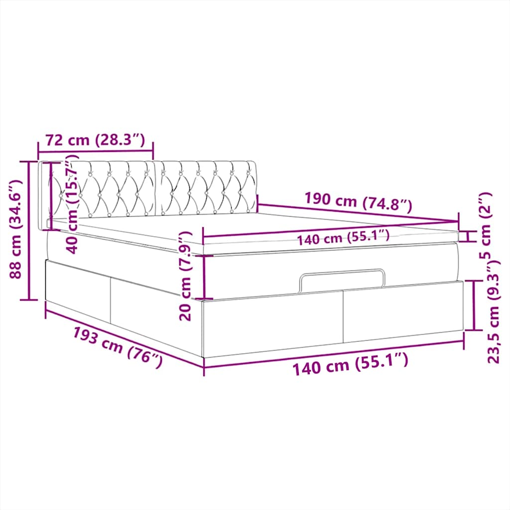 Ottomane Bett mit Matratze & LEDs Schwarz 140x190 cm Stoff