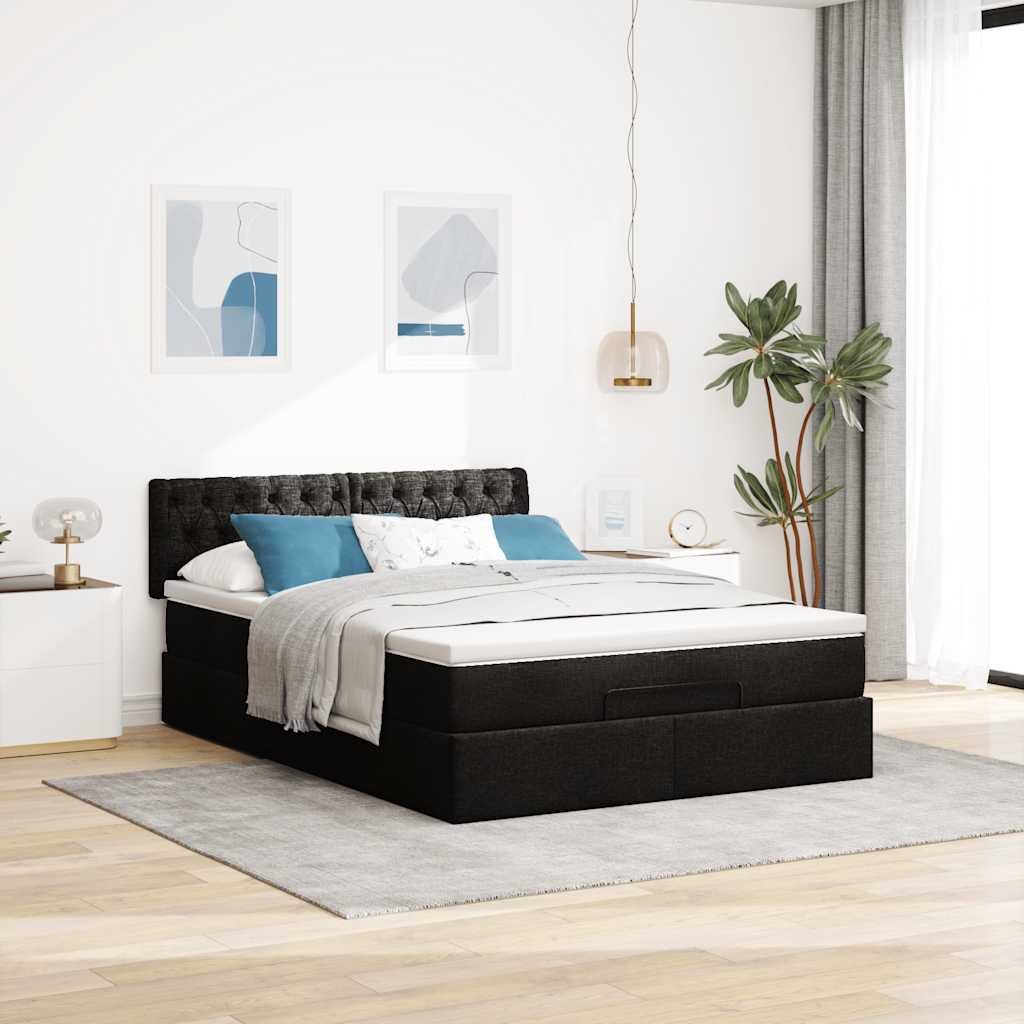 Ottomane Bett mit Matratze & LEDs Schwarz 140x190 cm Stoff
