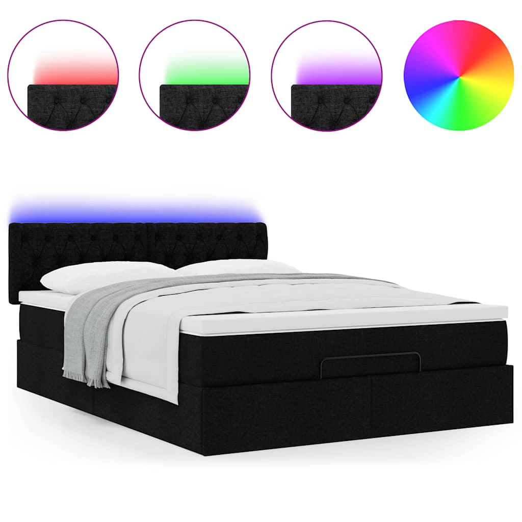 Ottomane Bett mit Matratze & LEDs Schwarz 140x190 cm Stoff