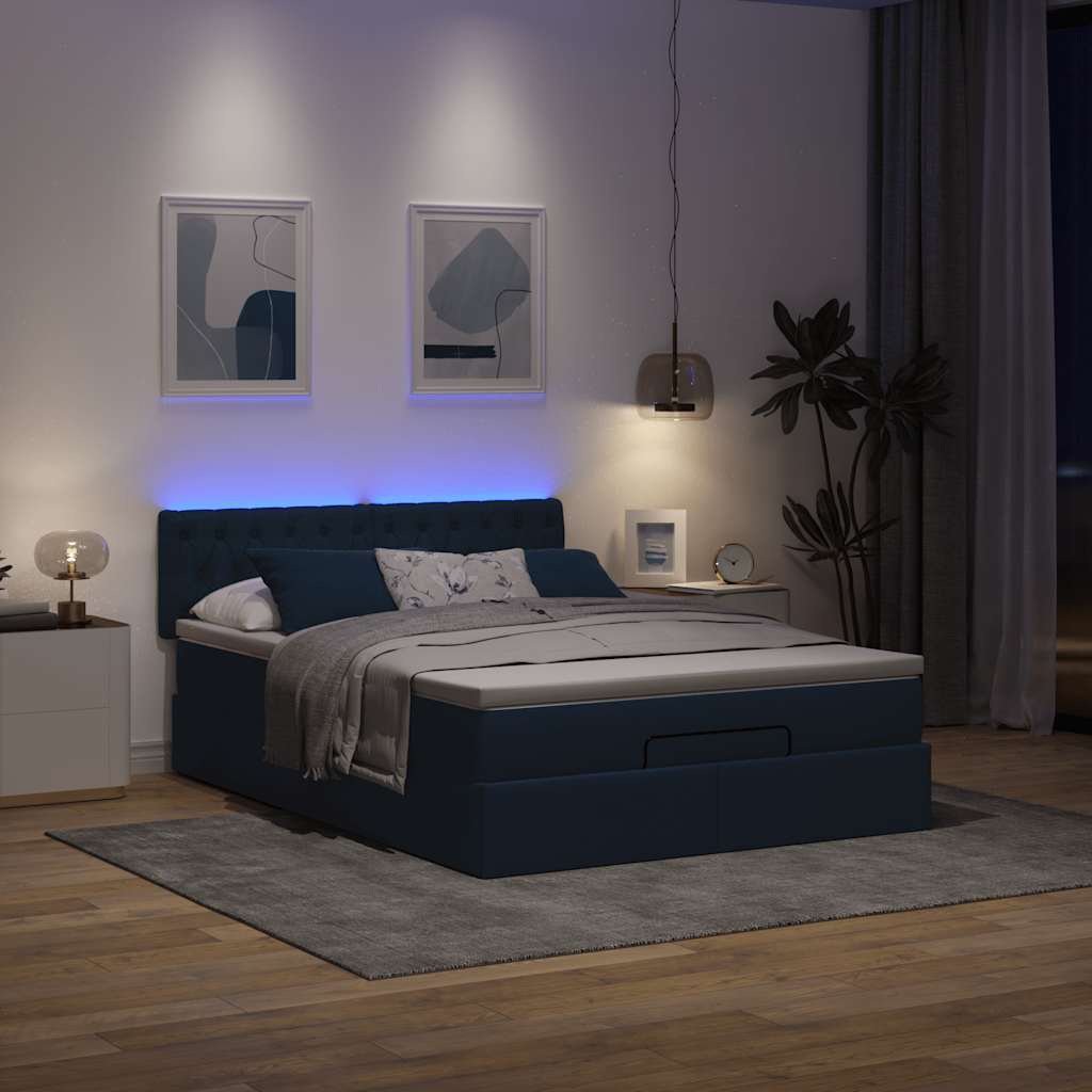 Ottomane Bett mit Matratze & LEDs Blau 140x190 cm Stoff